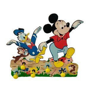 Vtg Walt Disney Productions Mickey Donald Wooden Wall Coat Rack w Hooks1980s